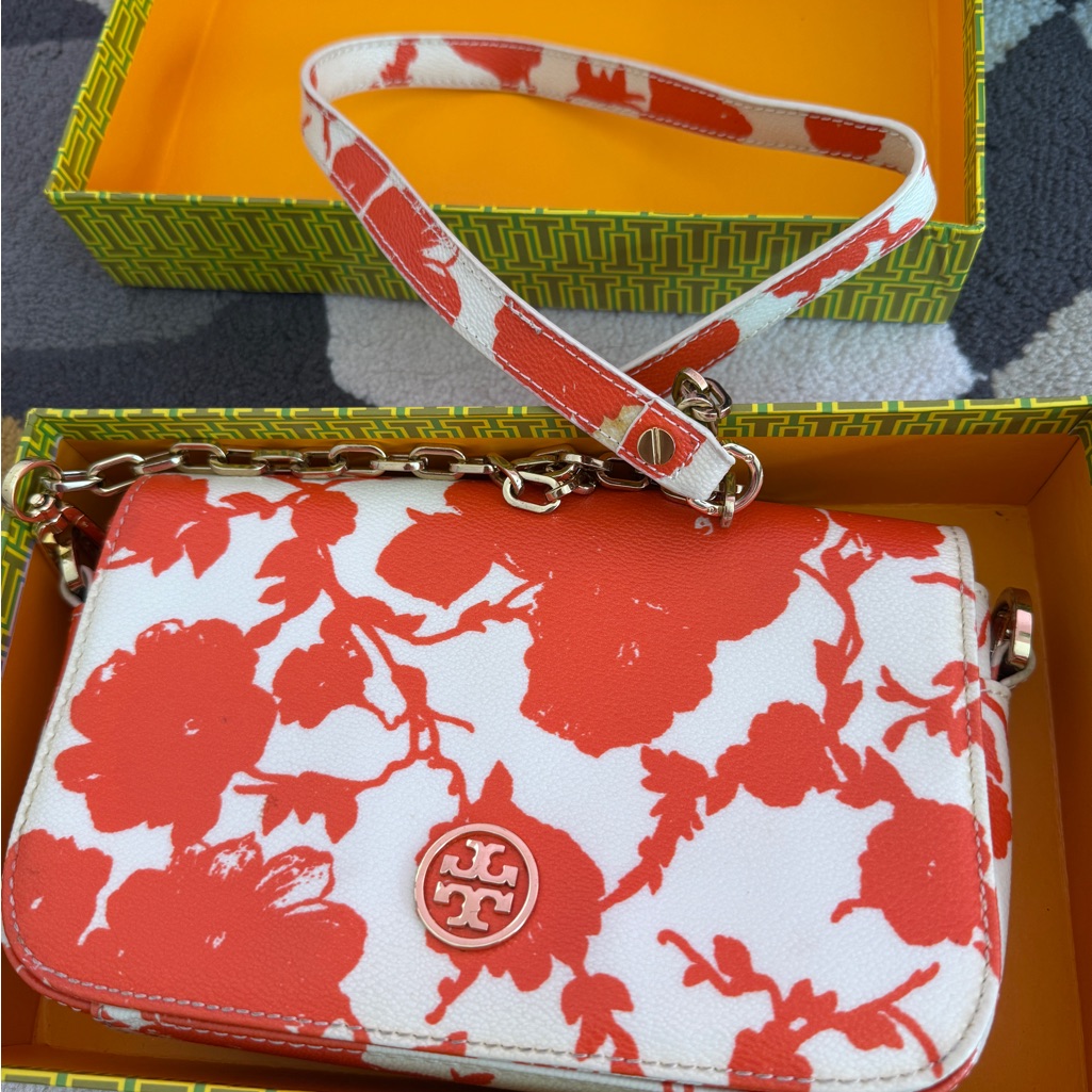 Tory Burch Floral Pouch In Orange And White